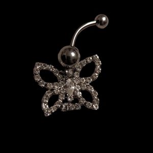 Silver Tone and White Rhinestone Butterfly Naval Ring